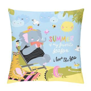 Personality  Cute Cartoon Animals Sunbathing On Beach. Hello Summer Pillow Covers