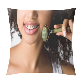 Personality  Cropped View Of Smiling African American Girl With Dental Braces Using Natural Massage Roller, Isolated On Grey  Pillow Covers