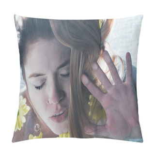 Personality  Close Up Of Beautiful Woman Posing Underwater With Chamomiles Pillow Covers