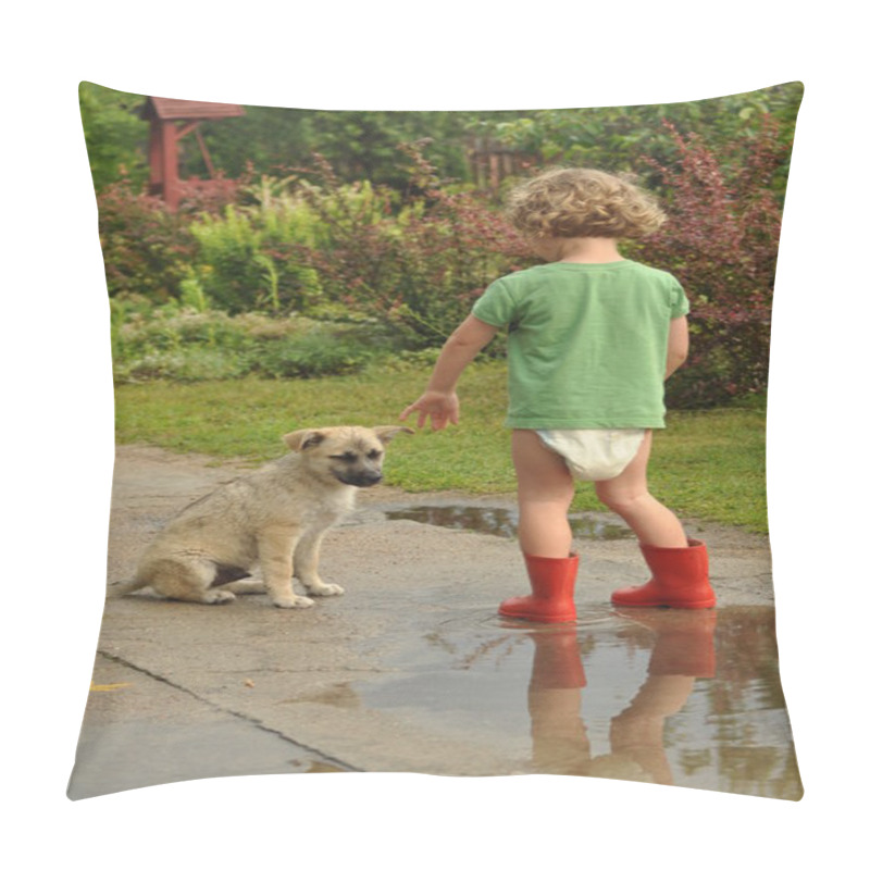Personality  Boy, child in red rubber Wellingtons, talking with the puppy. Childhood in diapers. pillow covers