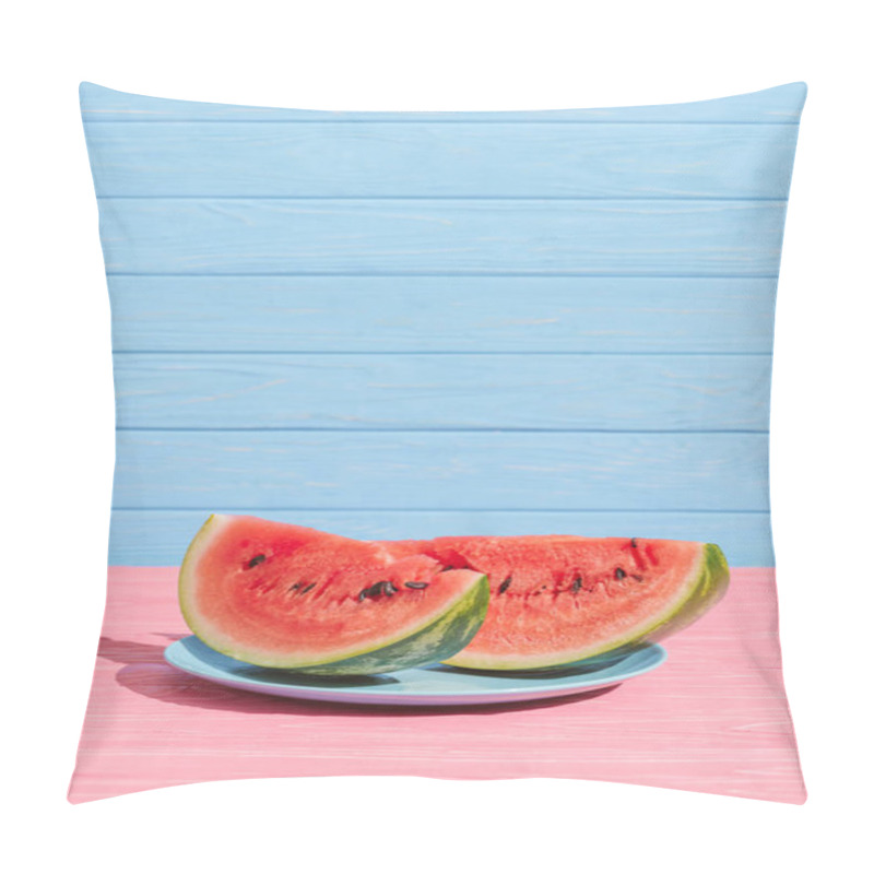 Personality  Close Up View Of Juicy Watermelon Slices On Plate On Blue Backdrop Pillow Covers