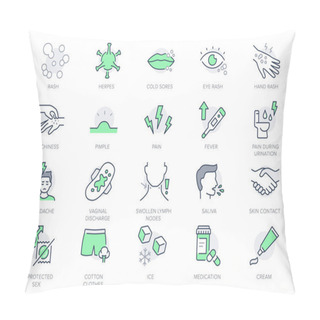 Personality  Herpes Symptoms Line Icons. Vector Illustration Include Icon - Blister, Pimple, Pain, Fever, Vaginal, Discharge, Sores, Blister Outline Pictogram For Rash Virus. Green Color, Editable Stroke. Pillow Covers
