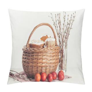 Personality  Basket With Easter Cakes, Painted Eggs And Catkins On Grey  Pillow Covers