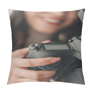 Personality  Selective Focus Of Art Editor Holding Digital Camera  Pillow Covers