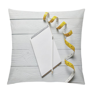 Personality  Top View Of Measuring Tape, Notebook And Pencil On Wooden White Background  Pillow Covers