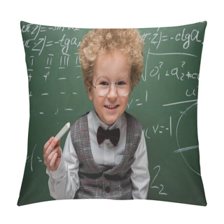 Personality  Smart Child In Suit And Bow Tie Holding Chalk Near Chalkboard With Mathematical Formulas  Pillow Covers
