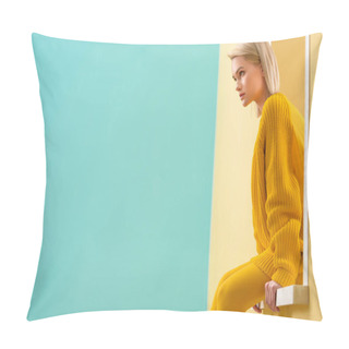 Personality  Side View Of Stylish Woman In Yellow Sweater And Tights Sitting On Decorative Window Pillow Covers