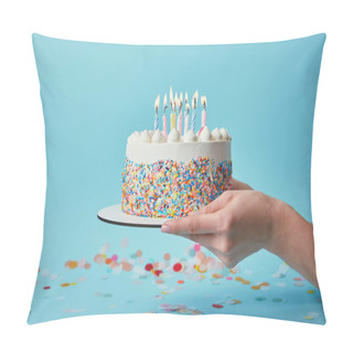Personality  Partial View Of Woman Holding Birthday Cake With Candles On Blue Background With Confetti Pillow Covers