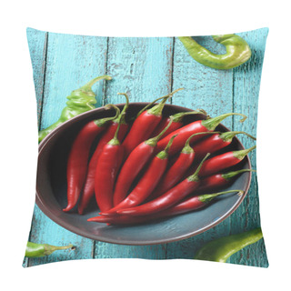 Personality  Top View Of Red Chili Peppers In Bowl And Scattered Green Peppers On Blue Wooden Table Pillow Covers