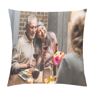 Personality  Selective Focus Of Smiling Multicultural Friends Holding Wine Glasses During Dinner  Pillow Covers
