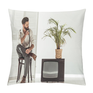 Personality  Handsome Bearded Man Sitting On Chair Near Room Divider And Retro Tv And Looking At Plant In Pot  Pillow Covers