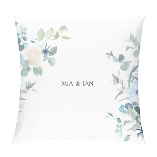Personality  Creamy Beige Rose, Anemone, Dusty Blue Thistles, Eucalyptus, Greenery, Juniper, Brunia Vector Design Frame Pillow Covers
