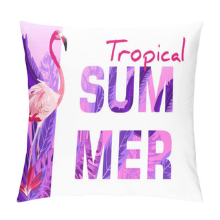 Personality  Summer Tropical Backgrounds With Tropical Palm Leaves, Plants And With Pink Flamingo.  Negative Space Trend. Summer Placard, Poster, Flyer, Banner Invitation Card. Pillow Covers