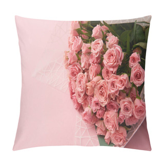 Personality  Close-up View Of Beautiful Tender Pink Rose Flowers On Pink Background Pillow Covers