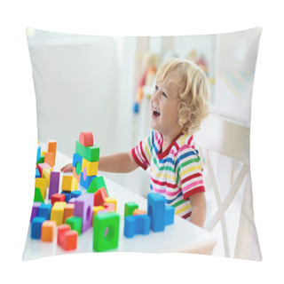 Personality  Kid Playing With Colorful Toy Blocks. Little Boy Building Tower Of Block Toys. Educational And Creative Toys And Games For Young Children. Baby In White Bedroom With Rainbow Bricks. Child At Home. Pillow Covers