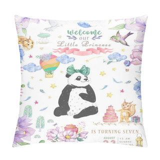 Personality  Happy Birthday Card Design With Cute Panda Bear And Boho Flowers And Floral Bouquets Illustration. Watercolor Clip Art For Greeting Card. Invite Poscard, Beauty Animal. Text For Celebration Pillow Covers