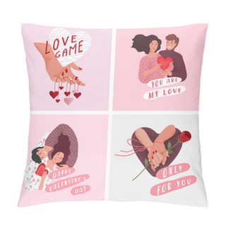 Personality  Love Story Of Happy Romantic Couple. Valentines Day Cute Greeting Card Or Poster. Woven Hands Of Lovers With Rose, Hand Play With Heart. Flyers, Invitation, Brochure. Vector Design Concept Pillow Covers