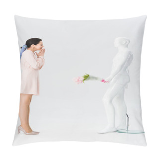 Personality  Beautiful Excited Girl And Mannequin With Flower Bouquet Isolated On Grey Pillow Covers