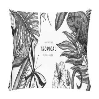 Personality  Tropical Banner Design. Vector Frame With Hand Drawn Tropical Plants, Exotic Flowers, Palm Leaves, Insects And Chameleon. Vintage Wildlife Background. Summer Template With Tropical Plants And Animals. Pillow Covers