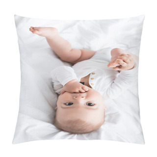 Personality  Top View Of Baby Boy Sucking Hand While Lying On Bed Pillow Covers