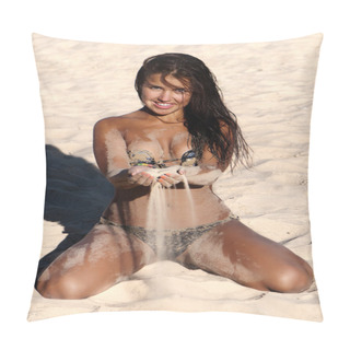 Personality  The Young Beautiful Girl Playing With Sand On A Beach Pillow Covers