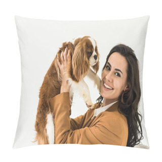 Personality  Cheerful Brunette Woman In Brown Jacket Holding Dog Isolated On White Pillow Covers