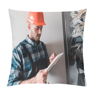 Personality  Handsome Workman Using Digital Tablet Near Cables And Wires  Pillow Covers