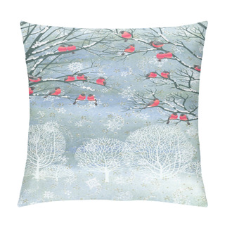 Personality  Composition From Watercolor Background With Snowflakes And Vector Flock Of Bullfinches Perching On The Branches Of A Trees Pillow Covers