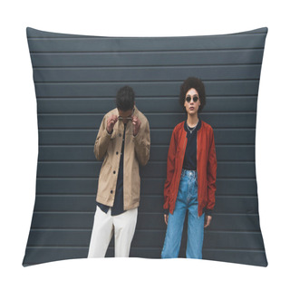 Personality  Young African American Man Adjusting Sunglasses And Posing With Stylish Woman In Jeans Outside  Pillow Covers