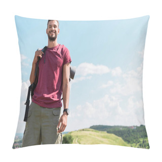 Personality  Smiling Young Hiker With Backpack Standing On Green Meadow With Blue Sky Pillow Covers