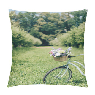 Personality  Selective Focus Of Retro Bicycle With Wicker Basket Full Of Flowers At Countryside Pillow Covers