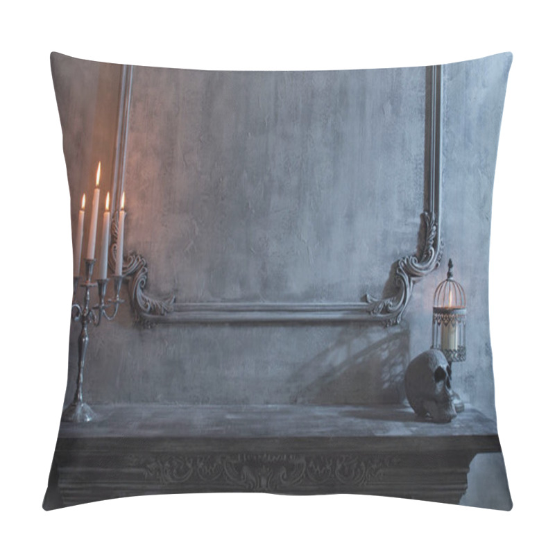 Personality  Mystical Halloween still-life background. Skull, candlestick with candles, old fireplace. Horror and witchery concepts. pillow covers