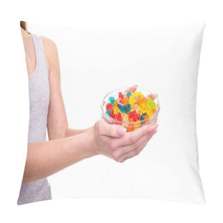 Personality  Closeup Of Young Woman Hands Holding Bowl Of Jelly Gummy Bears, Isolated Over White Background Pillow Covers