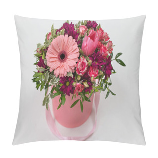 Personality  An Impressive Pairing Composition Of Fresh Flowers (Rose, Gerbera, Tulip) (colors: Beard, Pink, Green, White) In A Pink Cardboard Round Hat Box On A Light Background Pillow Covers