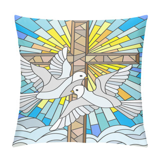 Personality  Illustration With A Cross And A Pair Of White Doves In The Stained Glass Style Pillow Covers