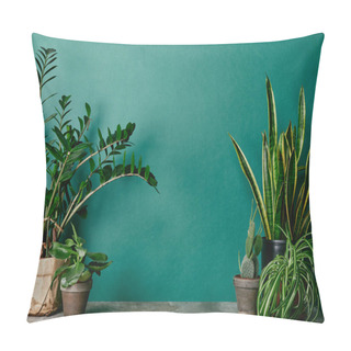 Personality  Different Plants On Rusty Table On Green Background Pillow Covers
