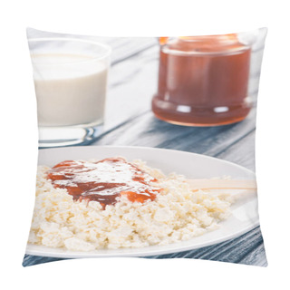 Personality  Close-up View Of Healthy Cottage Cheese With Jam And Glass Of Milk On Table  Pillow Covers