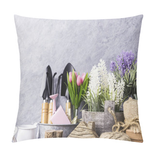 Personality  Home And Garden Concept Of Gardening Tools And Flowers On The Old Wood Pillow Covers
