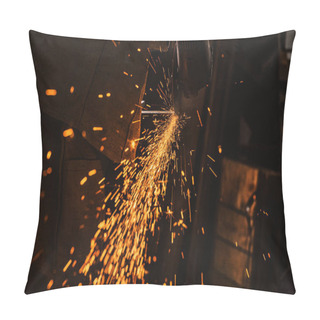 Personality  Cropped Image Of Manufacture Worker Using Circular Saw With Sparkles At Factory Pillow Covers