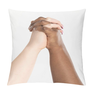 Personality  Clasped Hands Of Two Girls In Love Raised Up. Handshake. Two Women Holding Hands. African And European. Pillow Covers