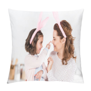 Personality  Mother And Daughter In Bunny Ears Playing And Looking At Each Other Pillow Covers