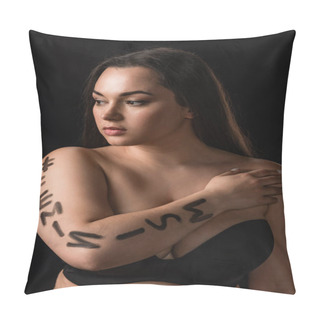 Personality  Portrait Of Plus Size Model In Black Bra With Lettering Hashtag Feminism On Body Isolated On Black Pillow Covers