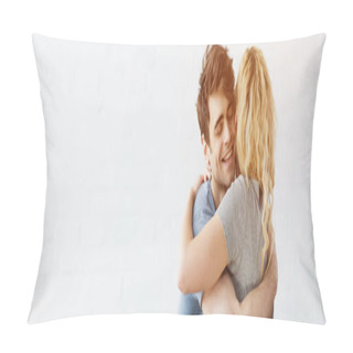 Personality  Panoramic Shot Of Happy Man Smiling While Hugging Blonde Girl  Pillow Covers
