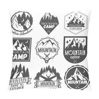 Personality  Vector Set Of Mountain Camp Labels In Vintage Style. Camp Outdoor Adventure Concept Illustration. Pillow Covers