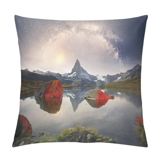 Personality  Autumn Larches On The Background Of The Matterhorn And Autumn In The Alps. The Clear Water Of The Mountain Lake Stellisee Is A Local Landmark And A Bright Beautiful Landscape. Pillow Covers