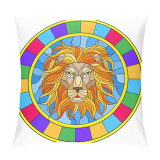 Personality  The Illustration In Stained Glass Style Painting With A Lion's Head , A Circular Image With Bright Frame Pillow Covers