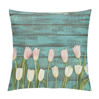 Personality Tender Blooming Tulips Over Green Wooden Background With Copy Space Pillow Covers