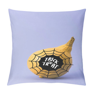 Personality  Yellow Colorful Painted Pumpkin With Trick Or Treat And Spiderweb Illustration On Violet Background Pillow Covers