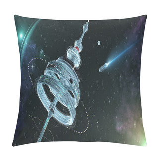Personality  3d Illustration Of A Space Station With Multiple Gravitational Rings Over A Gorgeous Space Panorama. With Stars Nebulas And Small Spaceships Fly Towards Space Dock. 3d Rendering Illustration Pillow Covers