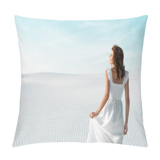 Personality  Back View Of Beautiful Girl In White Dress On Sandy Beach With Blue Sky Pillow Covers